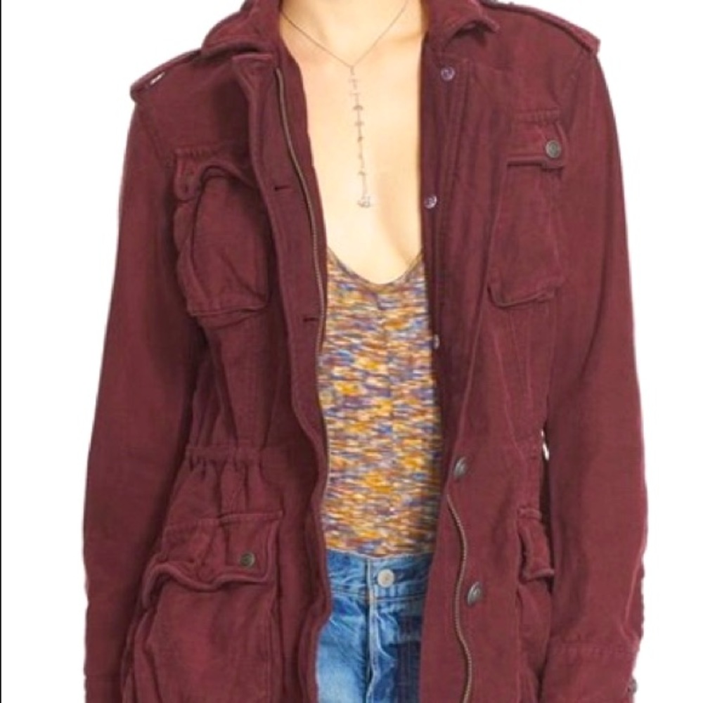 FREE PEOPLE NOT YOUR BROTHERS SURPLUS BURGUNDY MILITARY UTILITY OVERSIZED JACKET